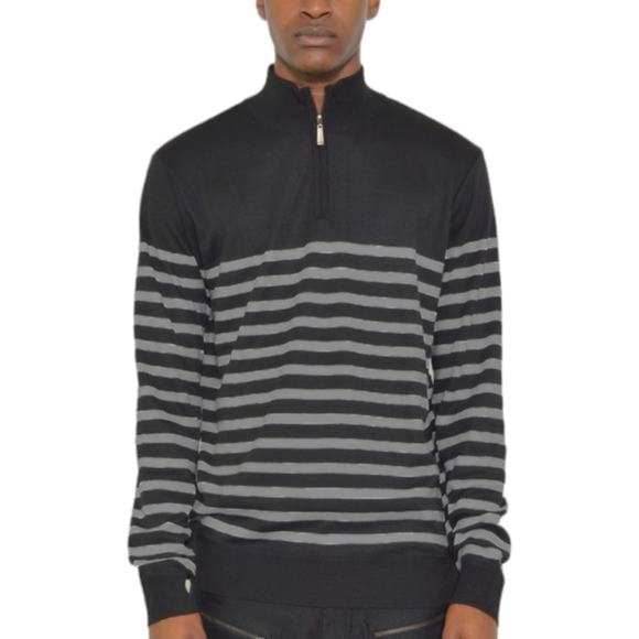 Men's Black and Grey Striped Quarter Zip Pullover Sweater - Picture 3 of 4